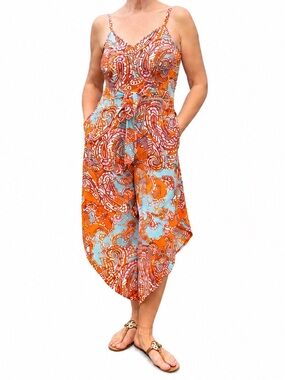 MSK Orange Paisley Wide Leg Jumpsuit w Pockets and Tie